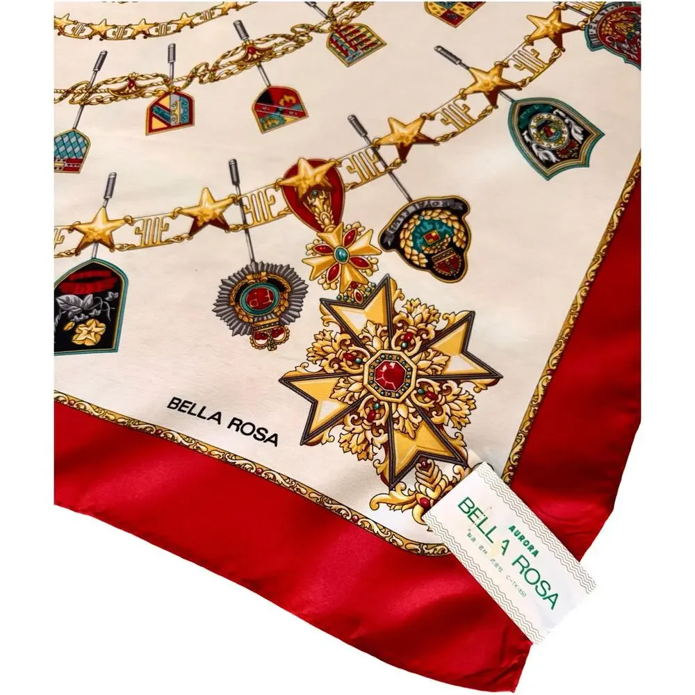 Vintage Bella Rosa Silk Scarf NWT Heraldic Medallion Crest Print 1980s Red 31x31